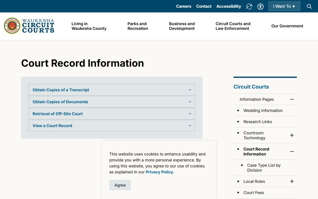 Waukesha County court record information page for court copy requests